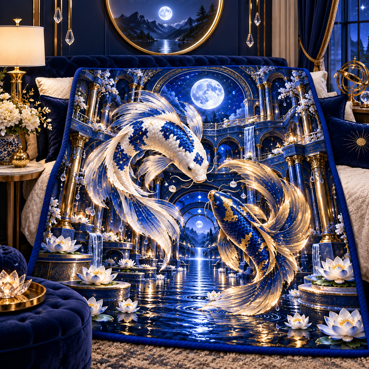 Celestial Koi Moon Palace Quilt Blanket with printed optical 3D artwork in its use setting