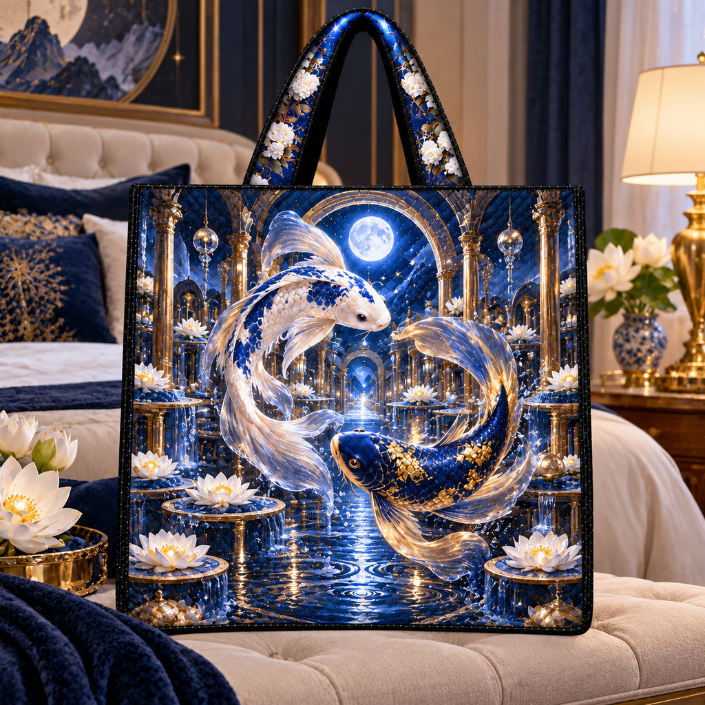 Celestial Koi Moon Palace Quilted Tote Bag with printed optical 3D artwork in its use setting