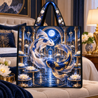 Celestial Koi Moon Palace Quilted Tote Bag with printed optical 3D artwork in its use setting