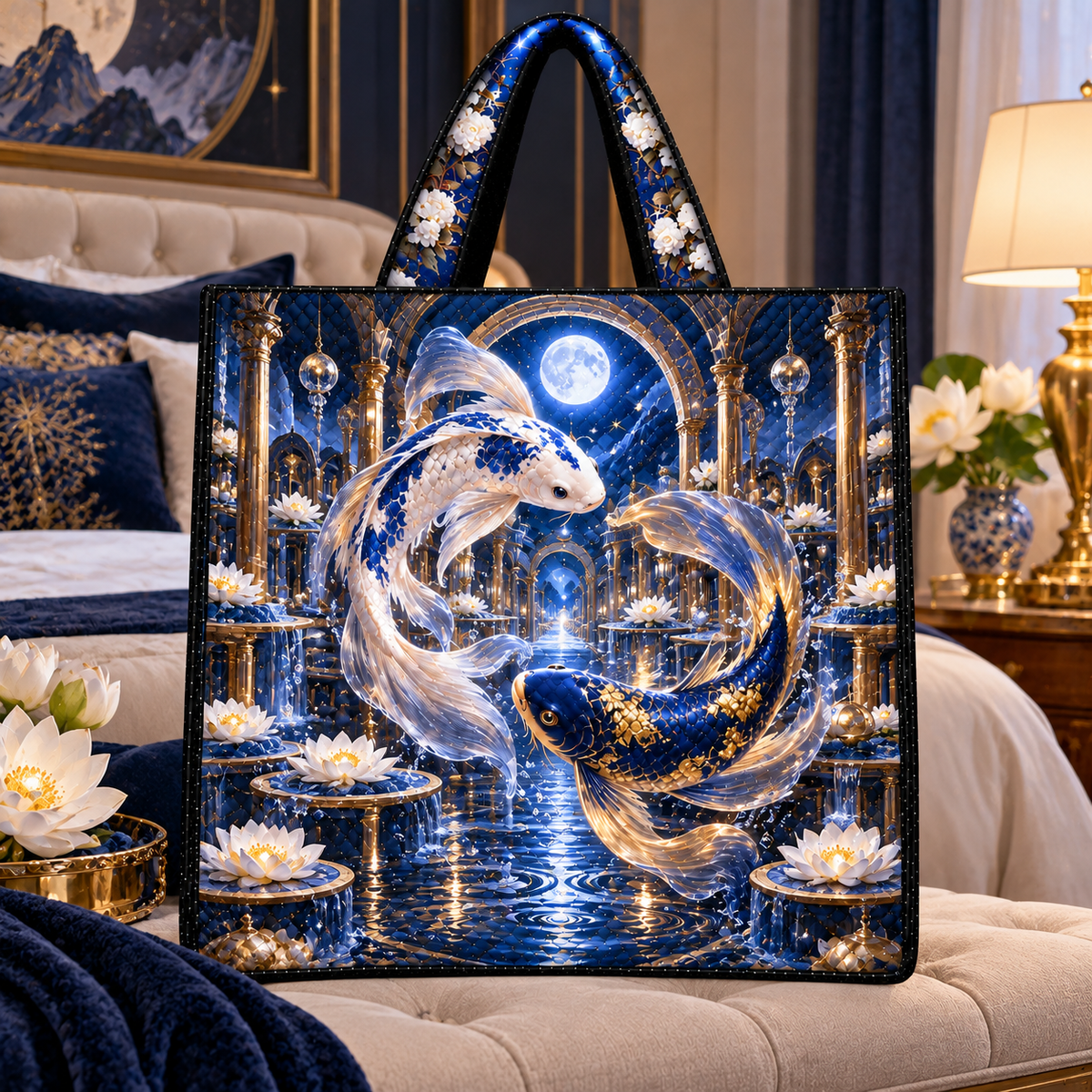 Celestial Koi Moon Palace Quilted Tote Bag with printed optical 3D artwork in its use setting
