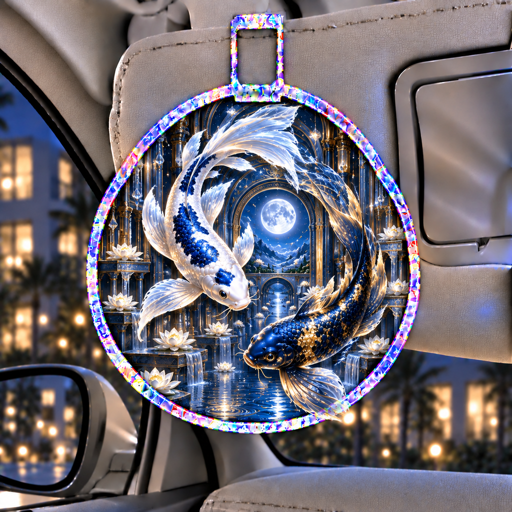 Celestial Koi Moon Palace Holographic Car Visor Clip with printed optical 3D artwork in its use setting