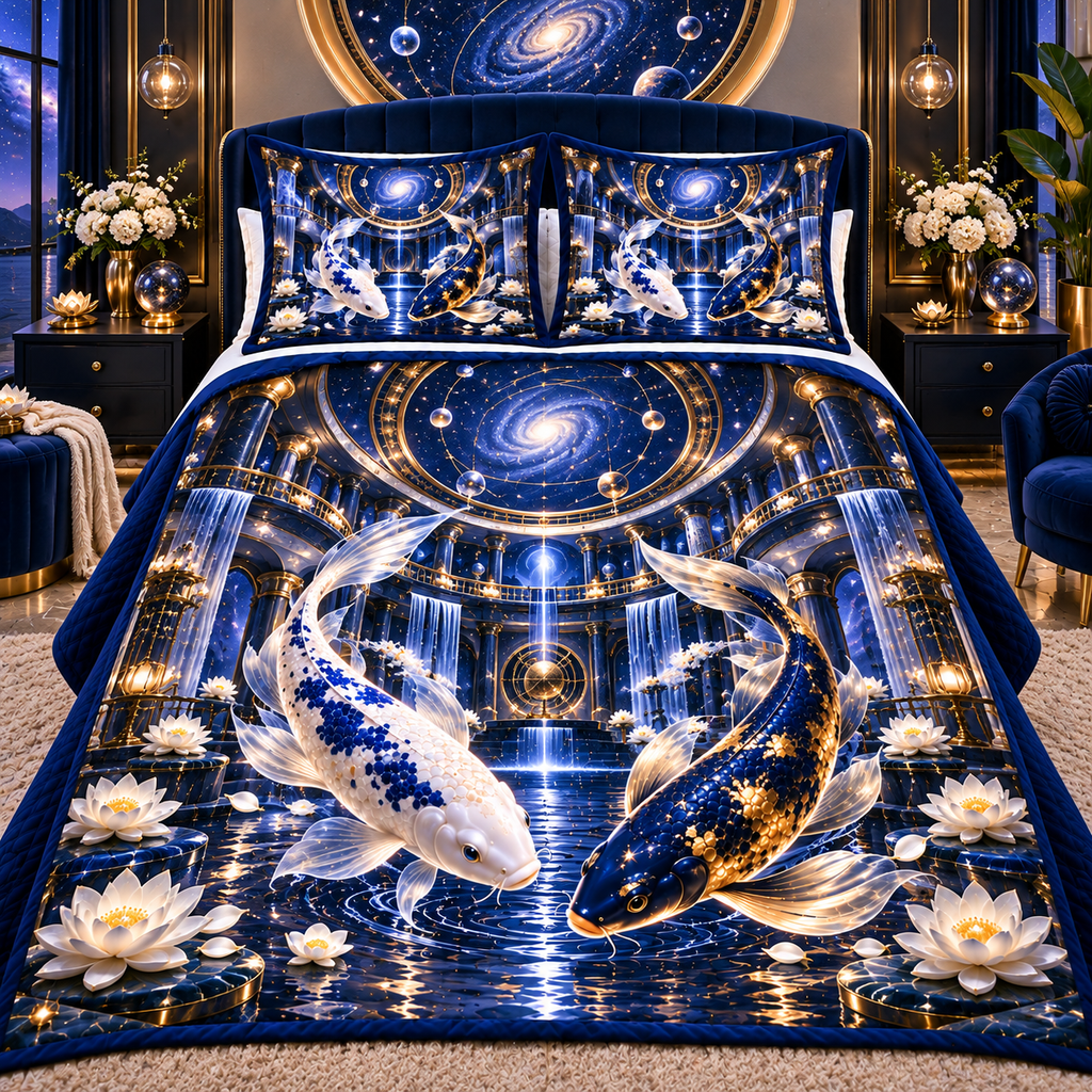 Celestial Koi Cosmic Atrium Quilted Bedding Set with printed optical 3D artwork in its use setting