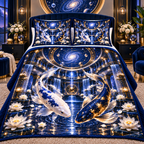Celestial Koi Cosmic Atrium Quilted Bedding Set with printed optical 3D artwork in its use setting