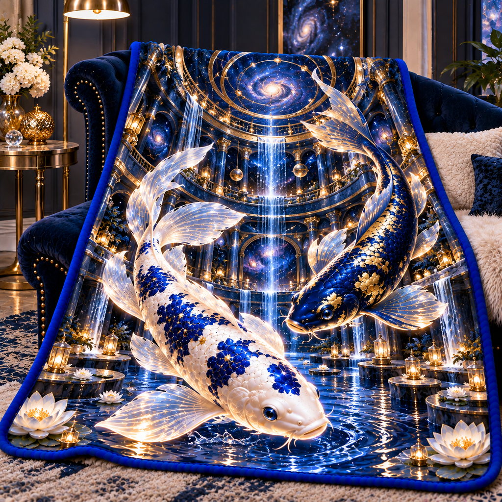 Celestial Koi Cosmic Atrium Sherpa & Fleece Blanket with printed optical 3D artwork in its use setting