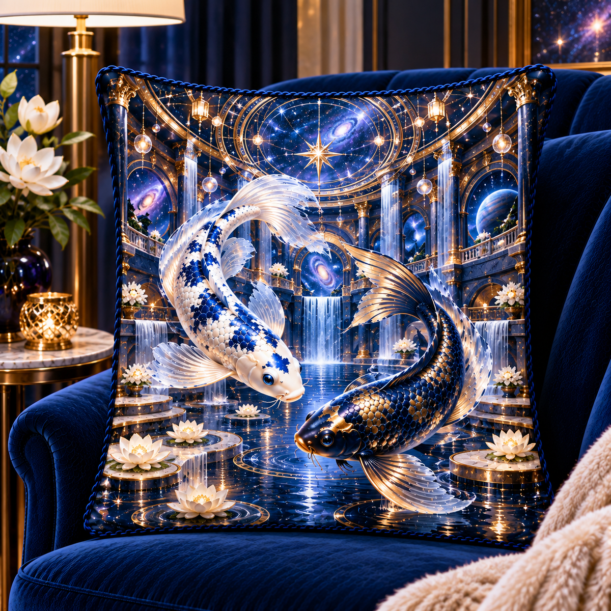 Celestial Koi Cosmic Atrium Quilted Cushion Cover with printed optical 3D artwork in its use setting