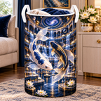 Celestial Koi Cosmic Atrium Laundry Hamper with printed optical 3D artwork in its use setting