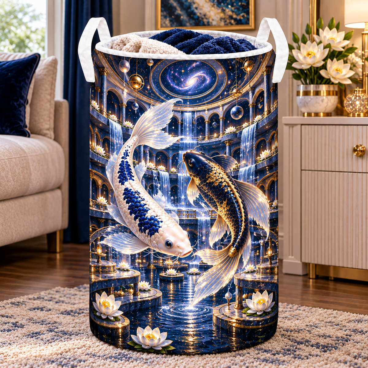Celestial Koi Cosmic Atrium Laundry Hamper with printed optical 3D artwork in its use setting
