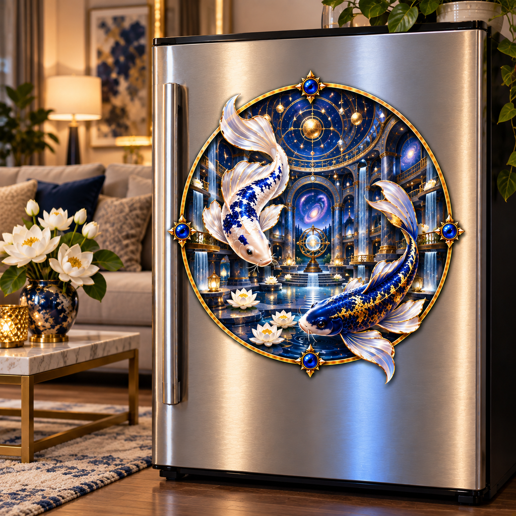 Celestial Koi Cosmic Atrium Acrylic Refrigerator Magnet with printed optical 3D artwork in its use setting