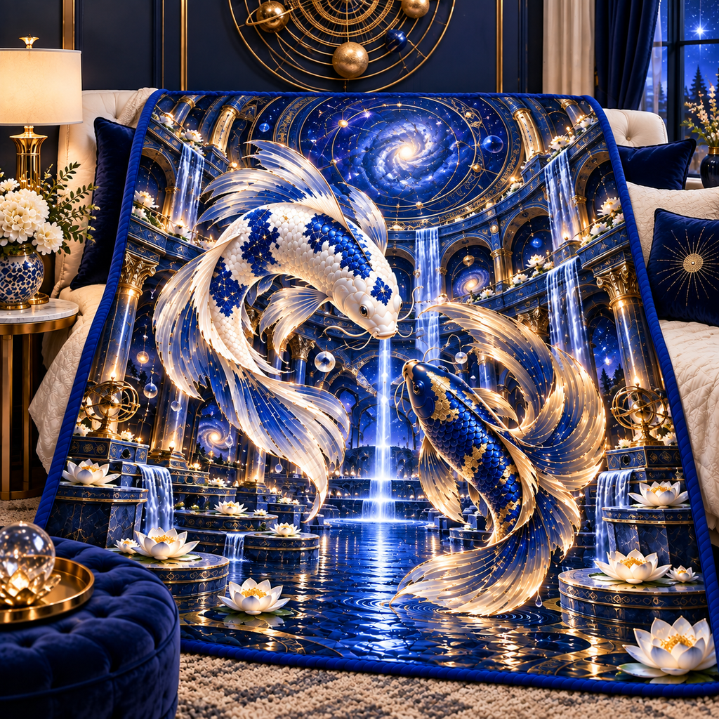 Celestial Koi Cosmic Atrium Quilt Blanket with printed optical 3D artwork in its use setting