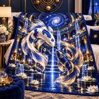 Celestial Koi Cosmic Atrium Quilt Blanket with printed optical 3D artwork in its use setting