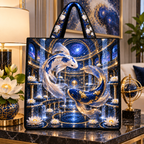 Celestial Koi Cosmic Atrium Quilted Tote Bag with printed optical 3D artwork in its use setting