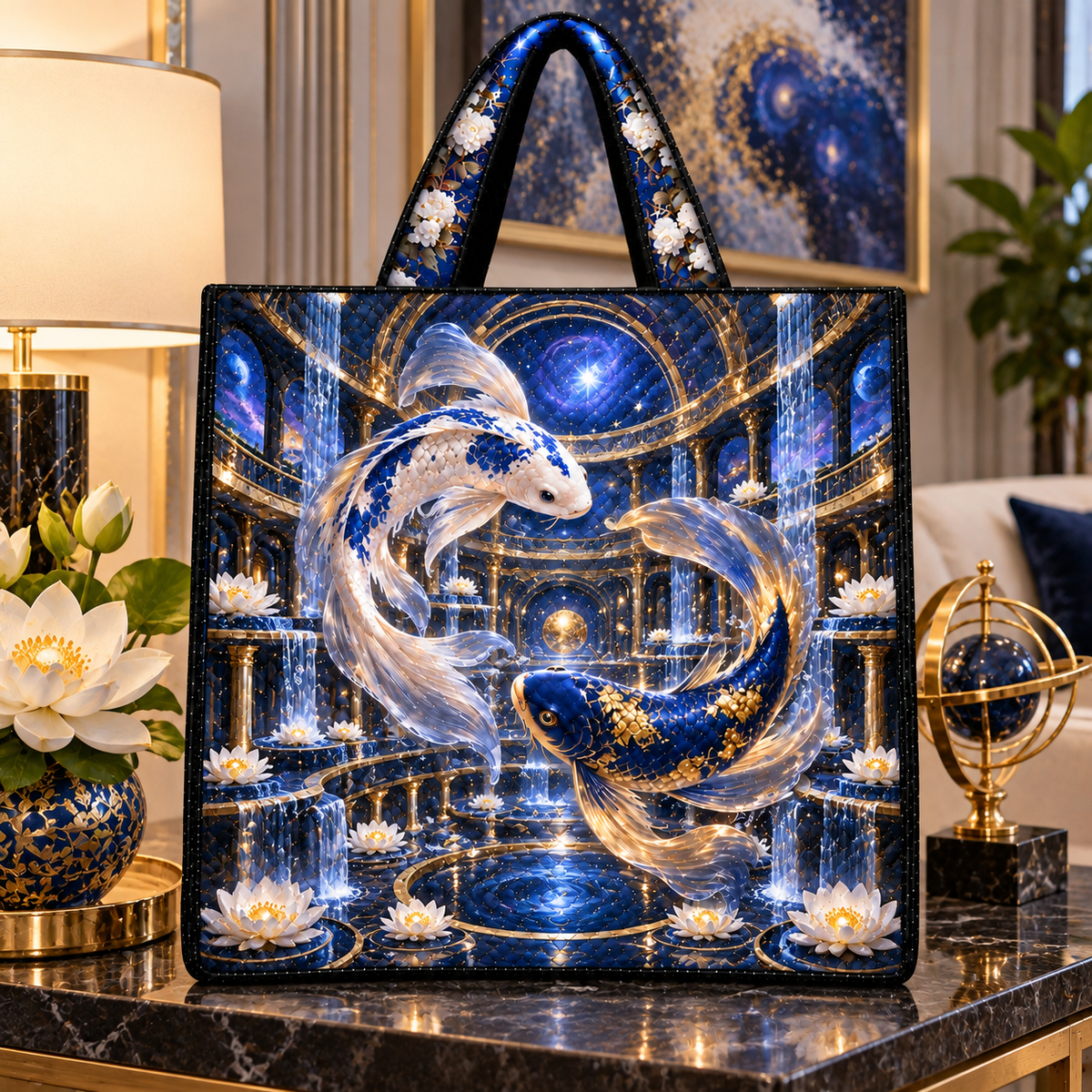 Celestial Koi Cosmic Atrium Quilted Tote Bag with printed optical 3D artwork in its use setting