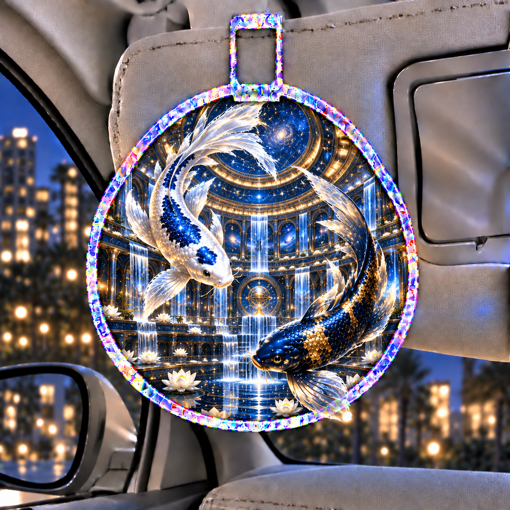 Celestial Koi Cosmic Atrium Holographic Car Visor Clip with printed optical 3D artwork in its use setting