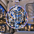 Celestial Koi Cosmic Atrium Holographic Car Visor Clip with printed optical 3D artwork in its use setting