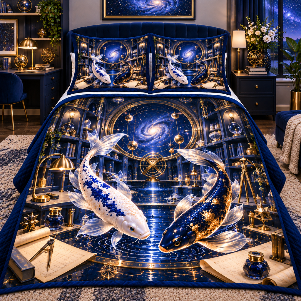 Celestial Koi Astral Study Quilted Bedding Set with printed optical 3D artwork in its use setting