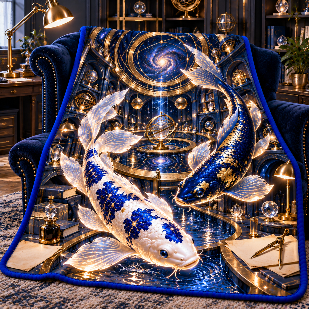 Celestial Koi Astral Study Sherpa & Fleece Blanket with printed optical 3D artwork in its use setting