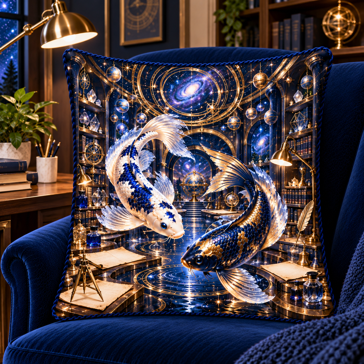 Celestial Koi Astral Study Quilted Cushion Cover with printed optical 3D artwork in its use setting
