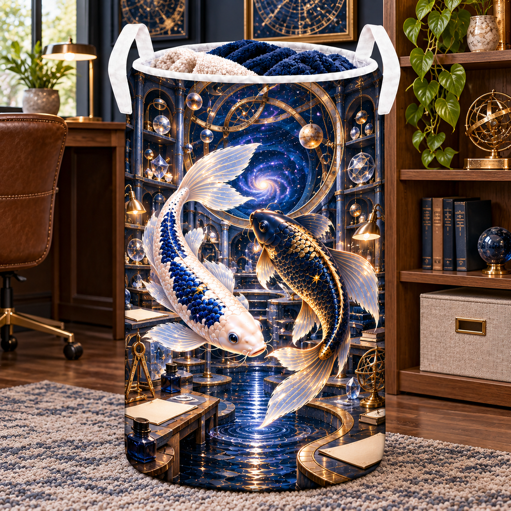Celestial Koi Astral Study Laundry Hamper with printed optical 3D artwork in its use setting