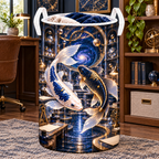 Celestial Koi Astral Study Laundry Hamper with printed optical 3D artwork in its use setting