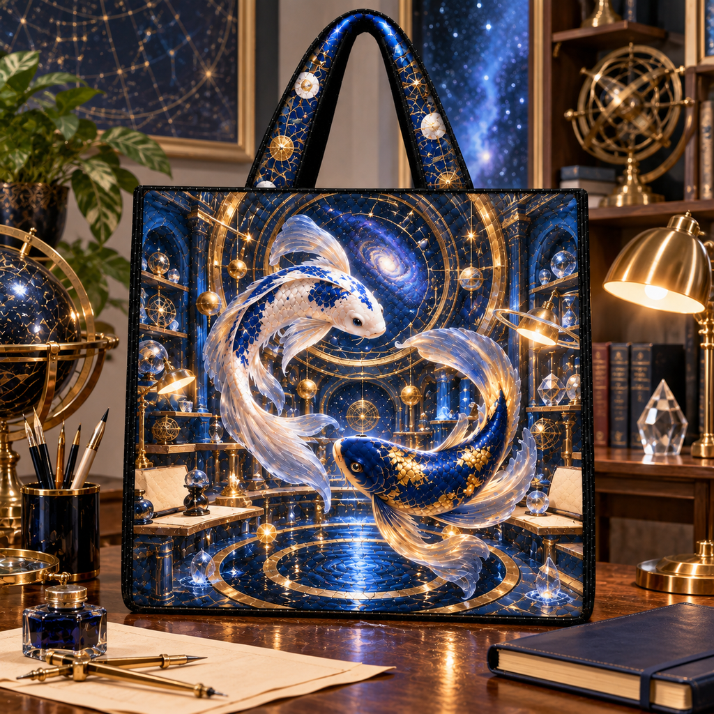 Celestial Koi Astral Study Quilted Tote Bag with printed optical 3D artwork in its use setting