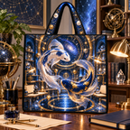 Celestial Koi Astral Study Quilted Tote Bag with printed optical 3D artwork in its use setting