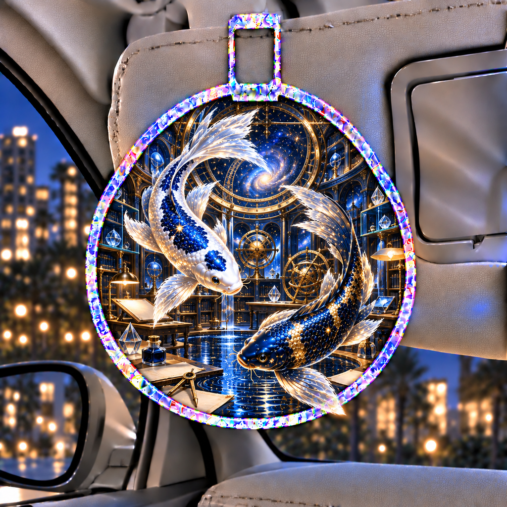 Celestial Koi Astral Study Holographic Car Visor Clip with printed optical 3D artwork in its use setting