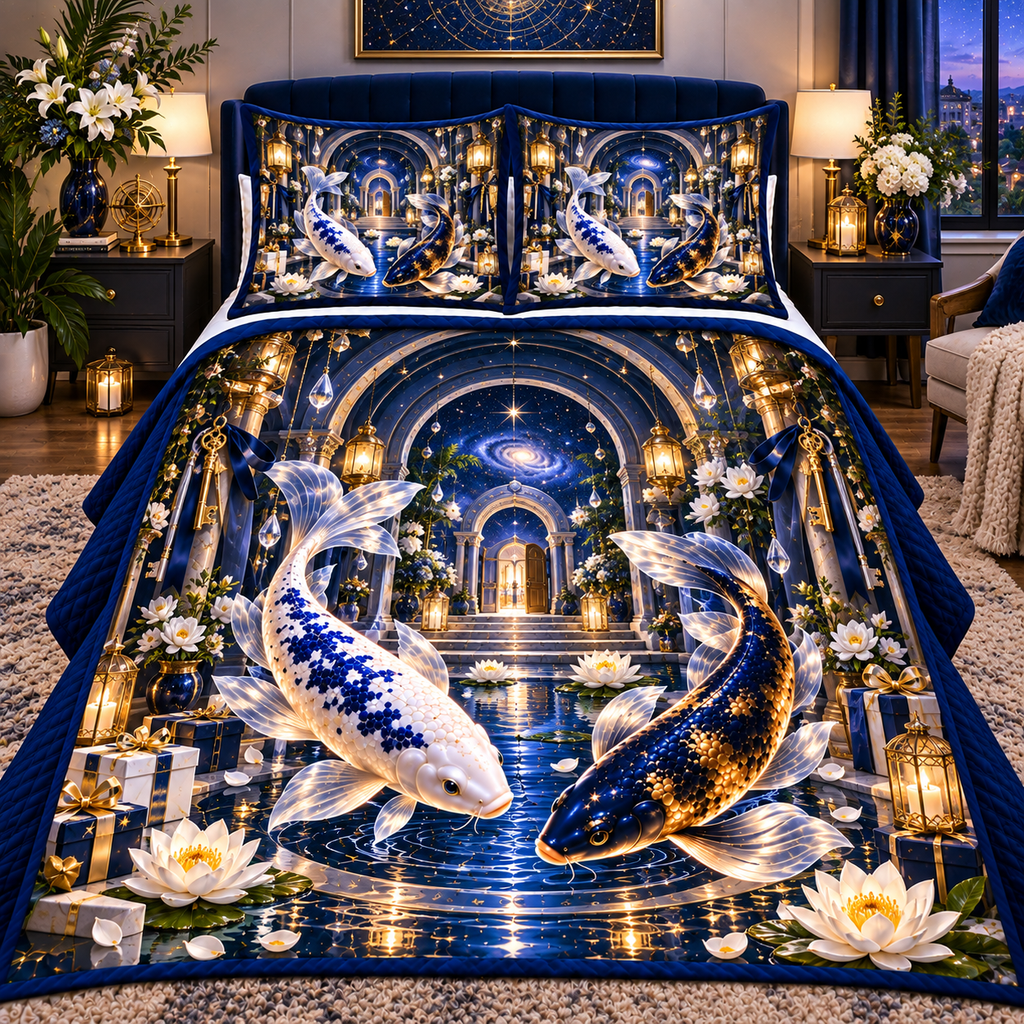 Celestial Koi Home Sanctuary Quilted Bedding Set with printed optical 3D artwork in its use setting