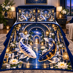 Celestial Koi Home Sanctuary Quilted Bedding Set with printed optical 3D artwork in its use setting