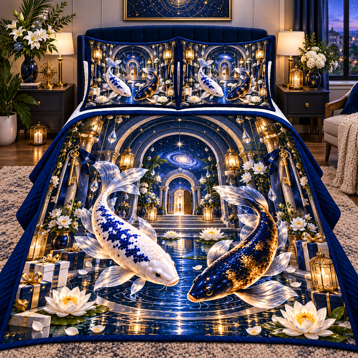 Celestial Koi Home Sanctuary Quilted Bedding Set with printed optical 3D artwork in its use setting