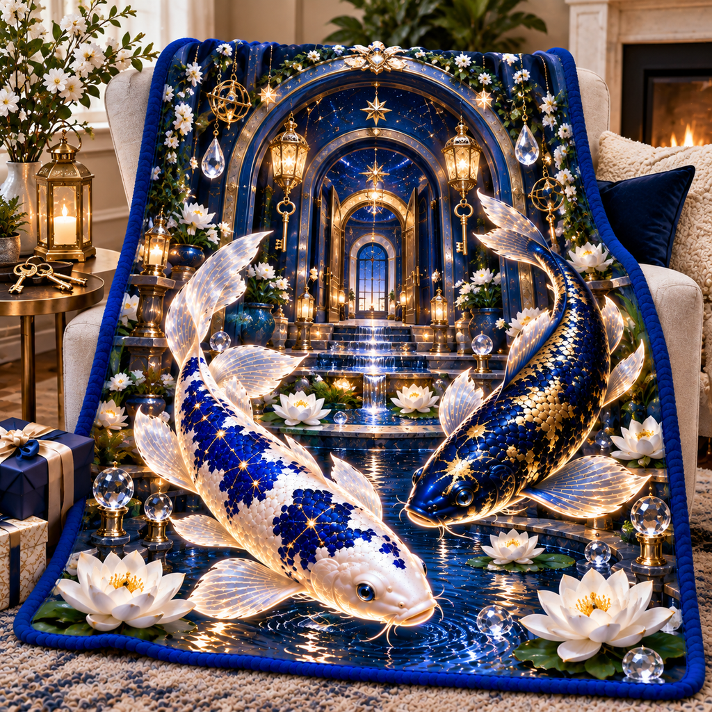 Celestial Koi Home Sanctuary Sherpa & Fleece Blanket with printed optical 3D artwork in its use setting