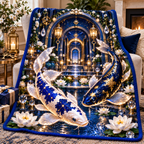 Celestial Koi Home Sanctuary Sherpa & Fleece Blanket with printed optical 3D artwork in its use setting