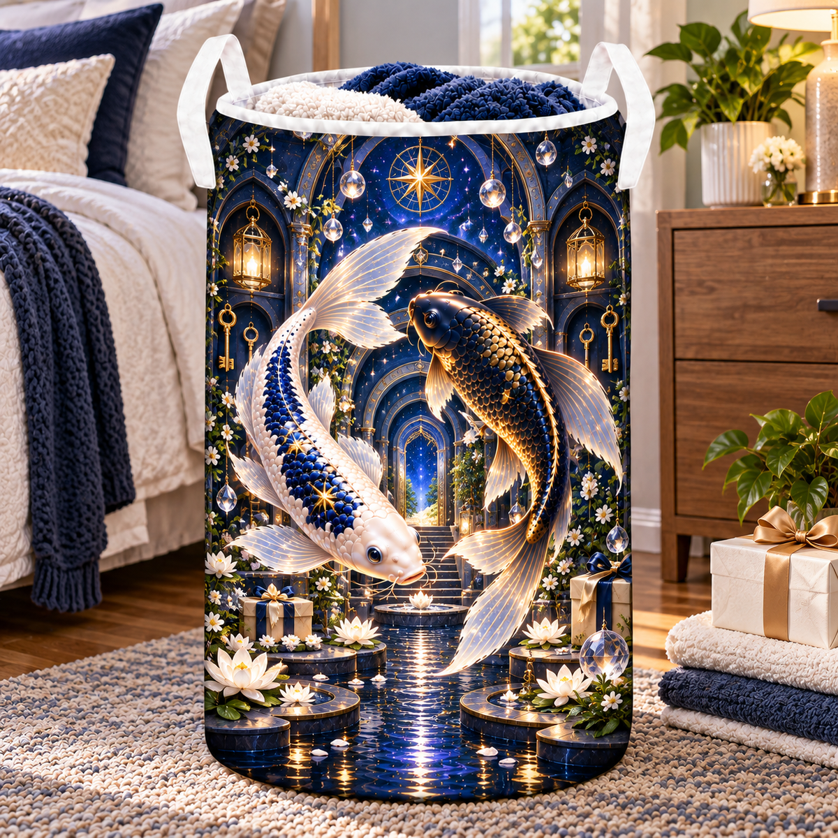 Celestial Koi Home Sanctuary Laundry Hamper with printed optical 3D artwork in its use setting