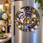 Celestial Koi Home Sanctuary Acrylic Refrigerator Magnet with printed optical 3D artwork in its use setting