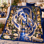 Celestial Koi Home Sanctuary Quilt Blanket with printed optical 3D artwork in its use setting