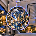 Celestial Koi Home Sanctuary Holographic Car Visor Clip with printed optical 3D artwork in its use setting
