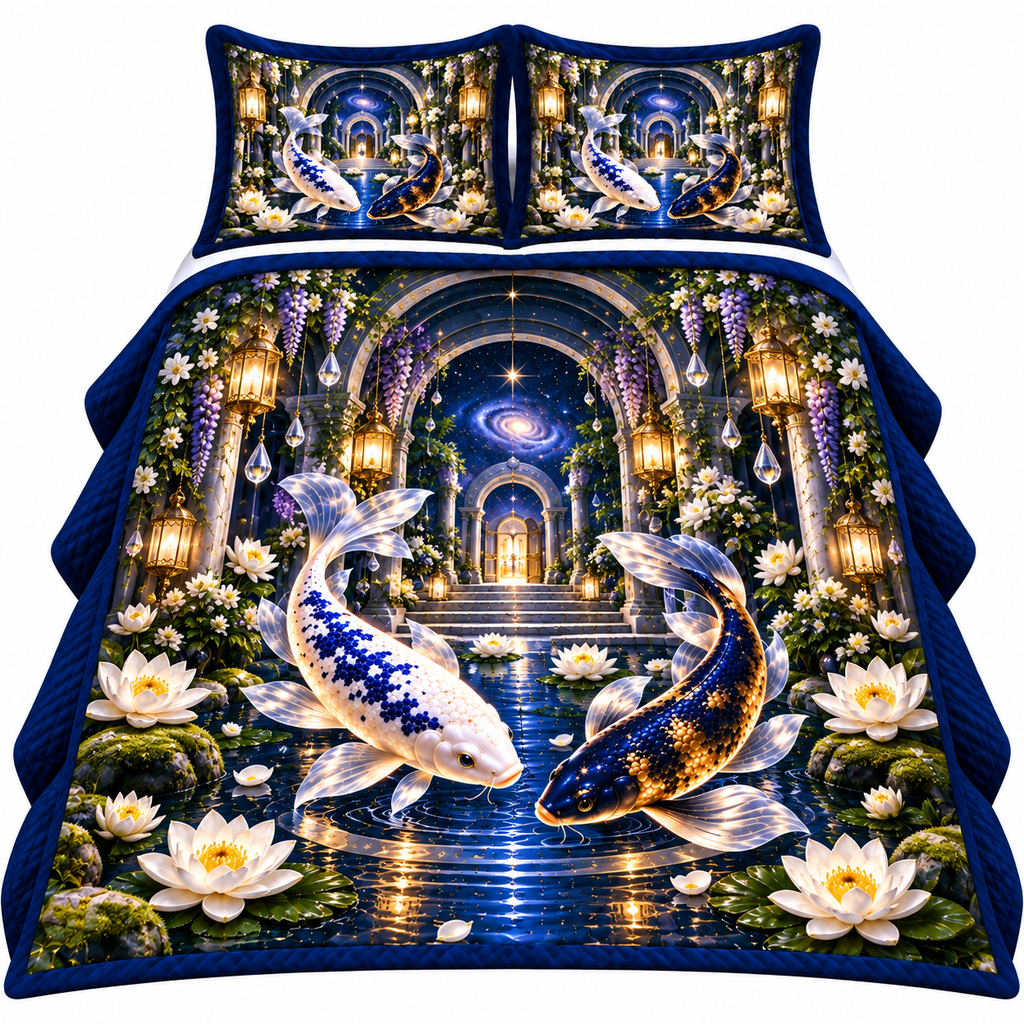 Celestial Koi Quiet Haven Quilted Bedding Set with printed optical 3D artwork in its use setting