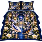 Celestial Koi Quiet Haven Quilted Bedding Set with printed optical 3D artwork in its use setting
