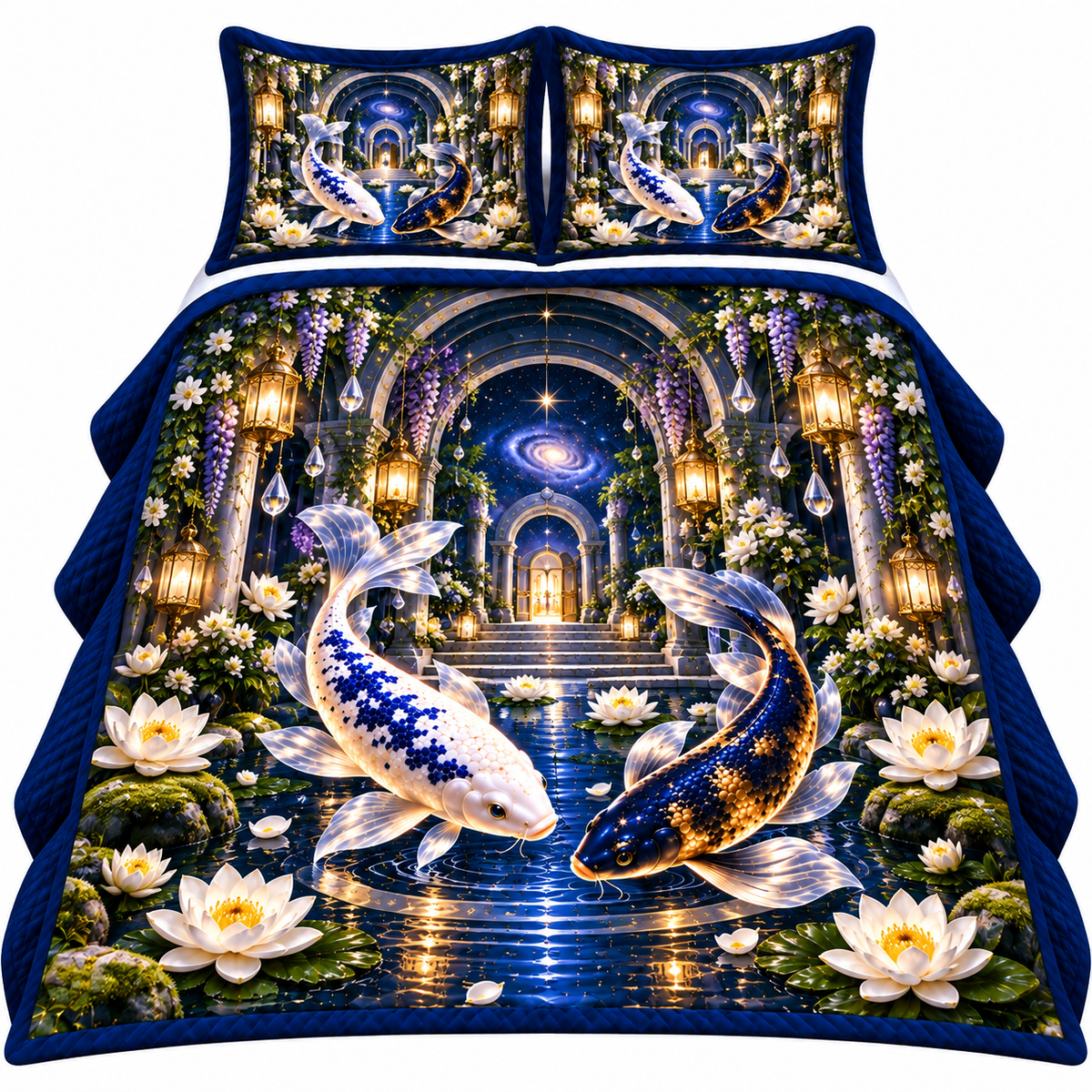 Celestial Koi Quiet Haven Quilted Bedding Set with printed optical 3D artwork in its use setting