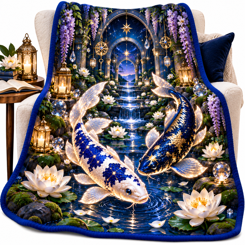 Celestial Koi Quiet Haven Sherpa & Fleece Blanket with printed optical 3D artwork in its use setting