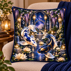 Celestial Koi Quiet Haven Quilted Cushion Cover with printed optical 3D artwork in its use setting