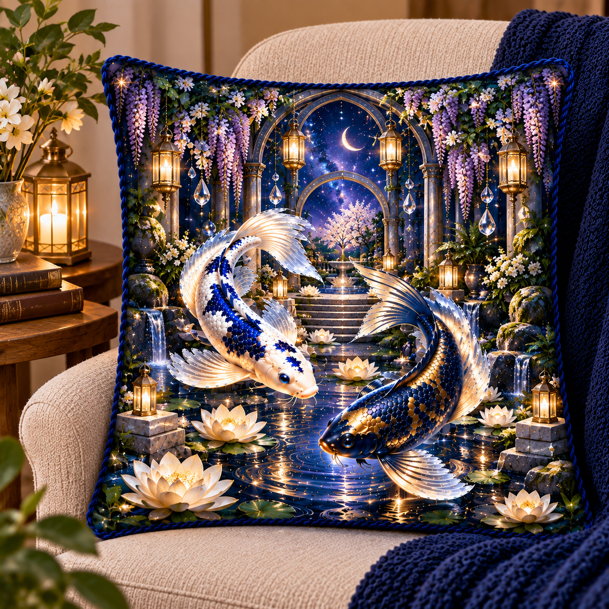 Celestial Koi Quiet Haven Quilted Cushion Cover with printed optical 3D artwork in its use setting