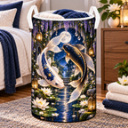 Celestial Koi Quiet Haven Laundry Hamper with printed optical 3D artwork in its use setting
