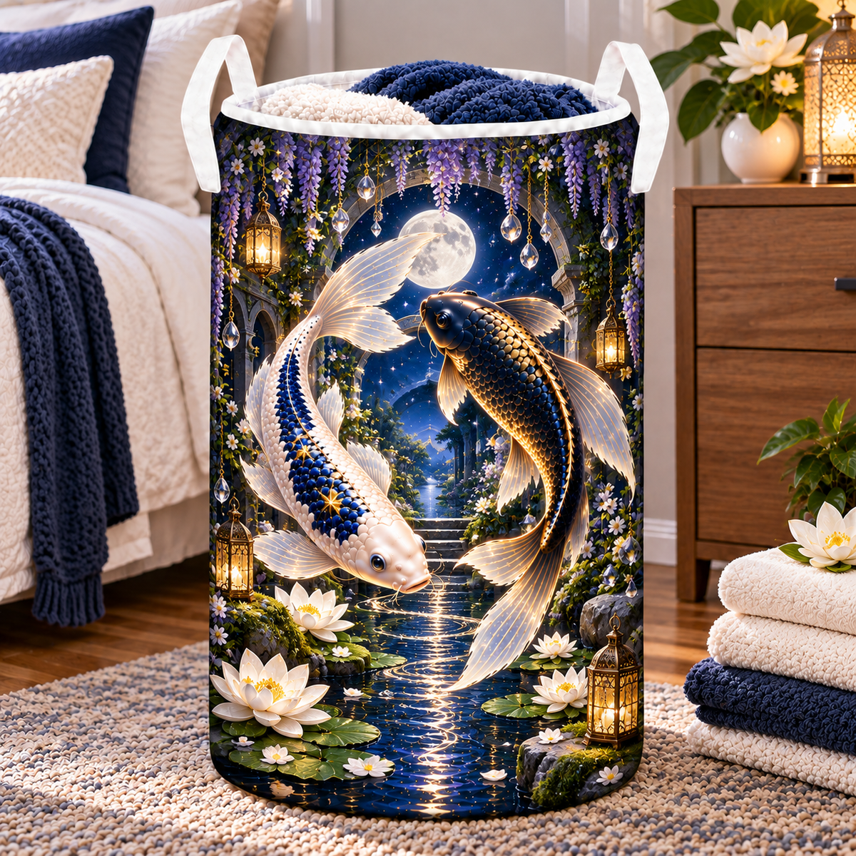 Celestial Koi Quiet Haven Laundry Hamper with printed optical 3D artwork in its use setting