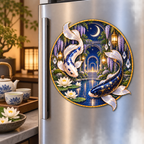 Celestial Koi Quiet Haven Acrylic Refrigerator Magnet with printed optical 3D artwork in its use setting