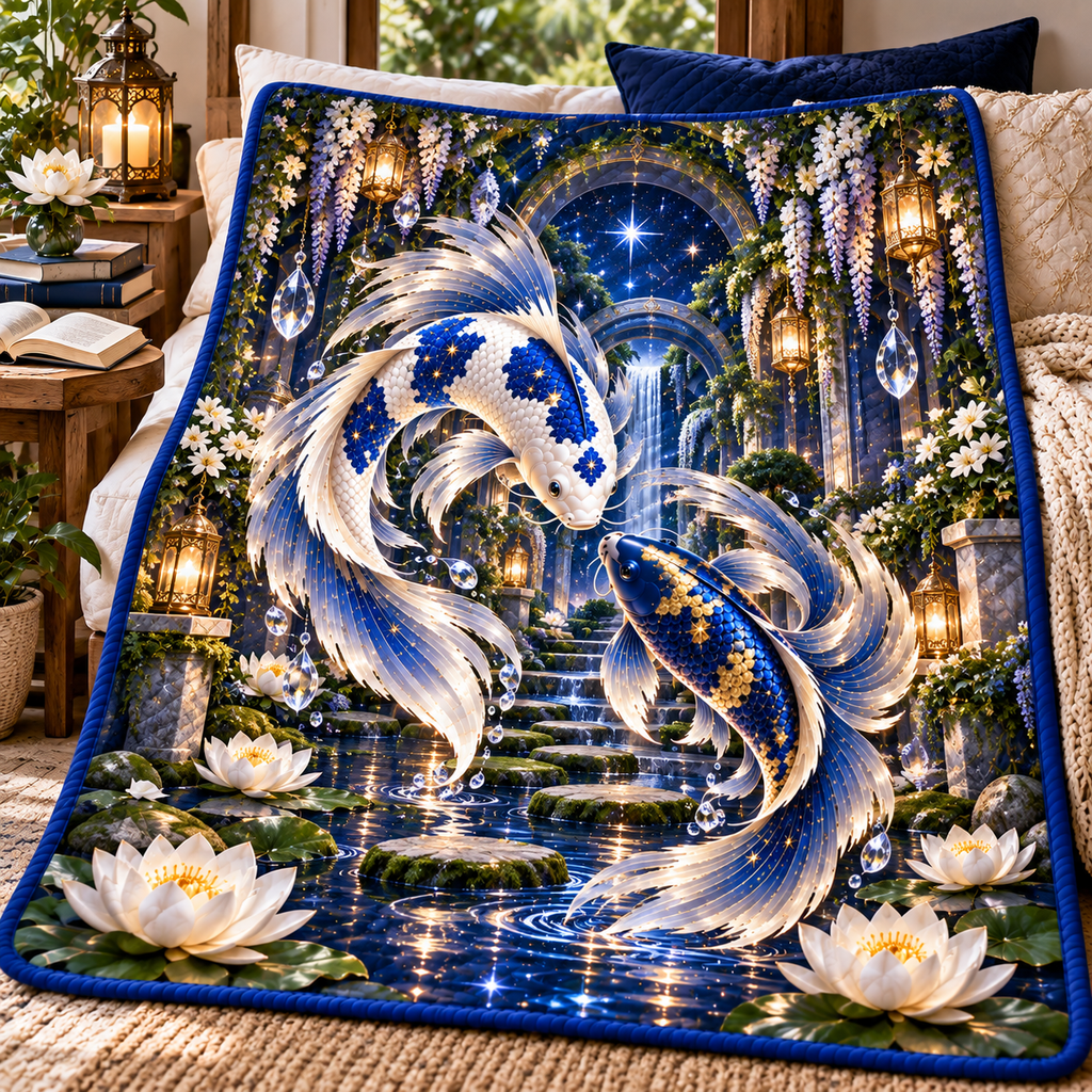 Celestial Koi Quiet Haven Quilt Blanket with printed optical 3D artwork in its use setting