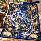 Celestial Koi Quiet Haven Quilt Blanket with printed optical 3D artwork in its use setting