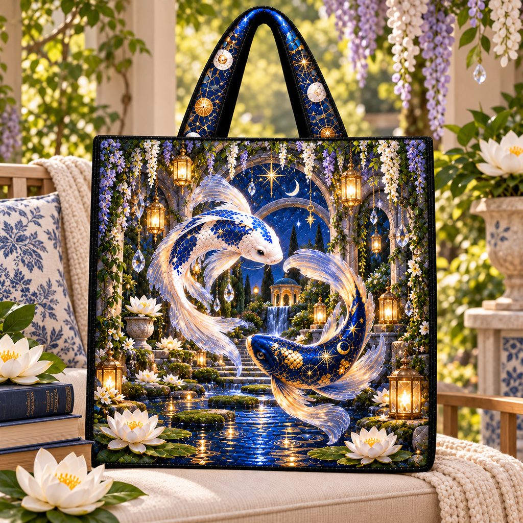 Celestial Koi Quiet Haven Quilted Tote Bag with printed optical 3D artwork in its use setting