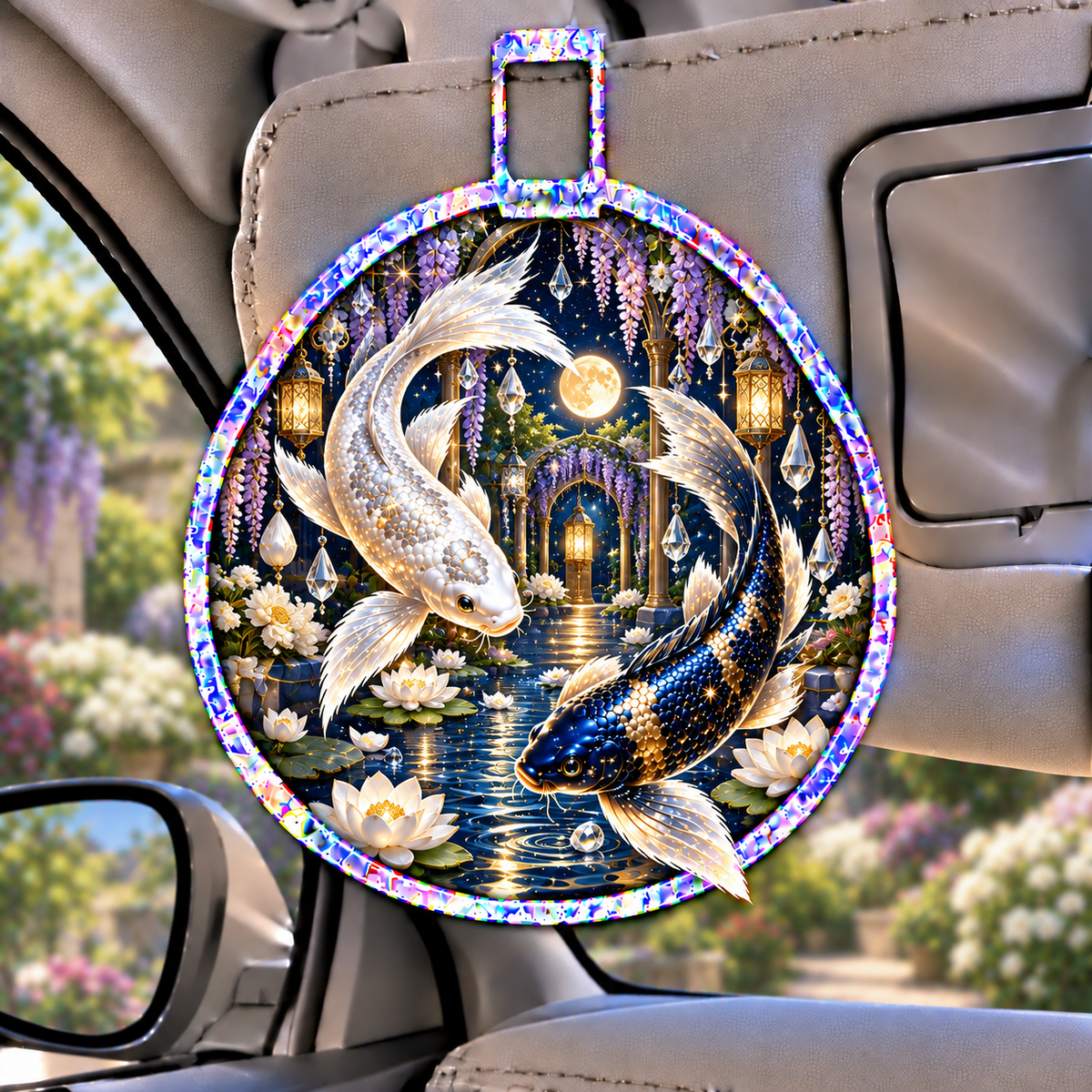 Celestial Koi Quiet Haven Holographic Car Visor Clip with printed optical 3D artwork in its use setting