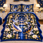 Celestial Koi Birthday Quilted Bedding Set with printed optical 3D artwork in its use setting