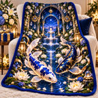Celestial Koi Birthday Sherpa & Fleece Blanket with printed optical 3D artwork in its use setting
